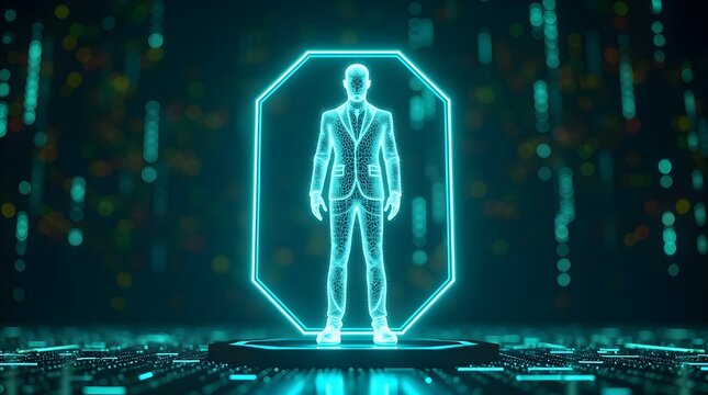 Futuristic digital human hologram standing on virtual platform, representing artificial intelligence, data technology, virtual identity, innovation, and advanced cyber network concept