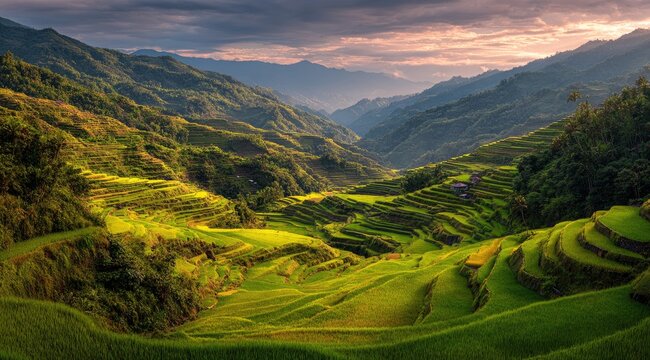 Stunning mountain valley with terraced rice paddies at sunrise
