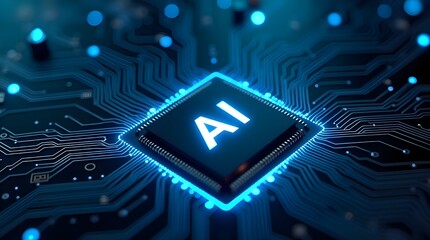 Artificial intelligence microchip glowing in blue light, futuristic ai processor on digital motherboard, technology innovation background, advanced machine learning computing hardware concept
