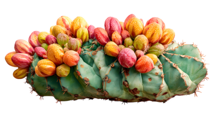 Closeup of a vibrant turquoise cactus adorned with colorful red orange and yellow fruit against a stark in a studio setting