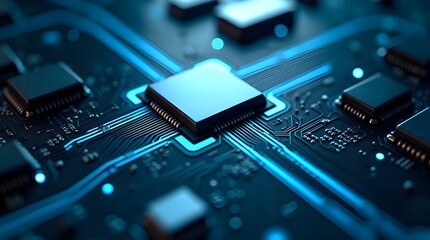 Modern microprocessor chip with illuminated circuitry representing digital innovation, computer engineering, artificial intelligence, high speed data processing, and advanced technology systems