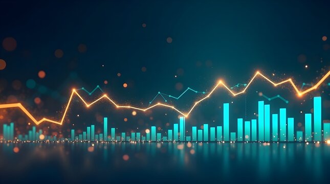 Futuristic financial data chart with glowing orange and blue lines, 3D bar graph, stock market analytics, business growth statistics, digital economy investment visualization background - Powered by Adobe