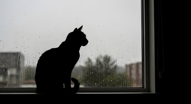 Black cat  silhouettes against sunset sky, a wild nature vector illustration, A cat's silhouette against a window on a rainy day, watching the droplets race down the glass, national cat lover's month