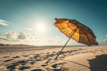 Beach umbrella casting long shadow in bright sunlight