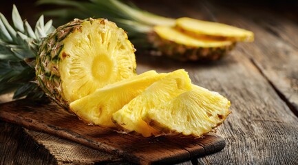 Sliced pineapple on rustic wooden board