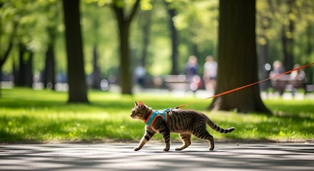 dog playing with ball in the park, A cat wearing a tiny, stylish harness on a walk in the park, national cat lover's month