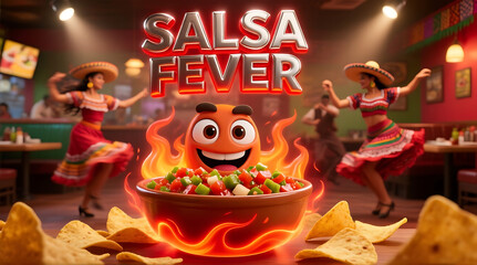 Salsa fever text with salsa bowl character, dancers and nachos