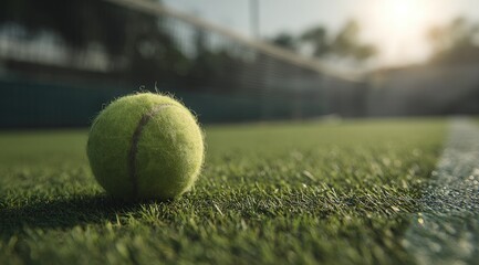 Close-up of a tennis ball on a court.  Bright sunlight