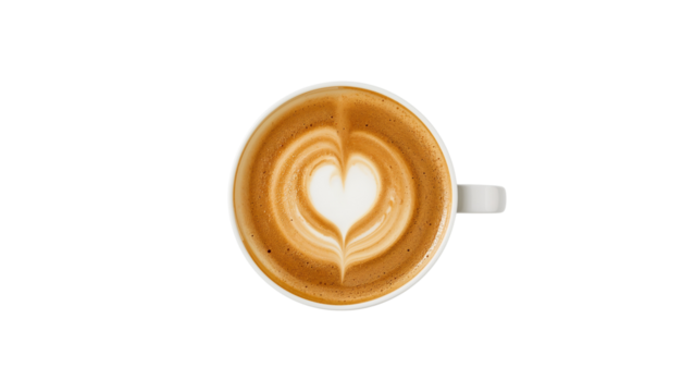 Top view of white cup of art latte coffee with heart shape isolated on transparent background Generative Ai.