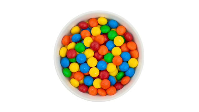white bowl with colorful candy coated chocolates isolated on transparent background Generative Ai.