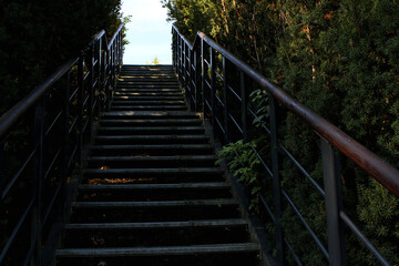 Fototapeta premium Stairs in the morning to the ruins of the castle in Sochaczew.