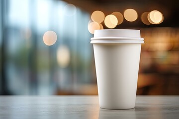 White disposable coffee cup on a table, out-of-focus cafe background
