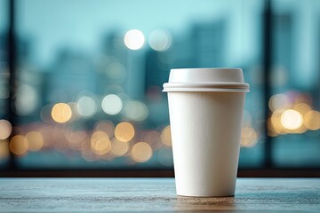 White disposable coffee cup on wooden table, city lights out of focus