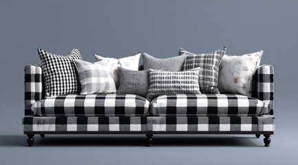 Black and white checkered couch with various pillows
