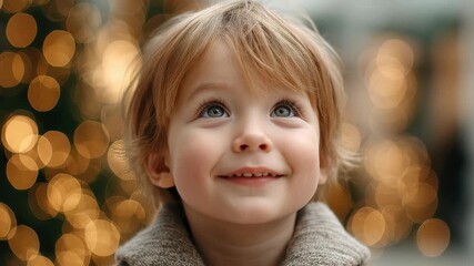 A close-up shot of an adorable young child with blonde hair and captivating blue eyes, initially looking upwards with an expression of wonder and then breaking into a sweet, innocent smile. The backgr