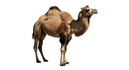 Bactrian camel standing tall on a white background.