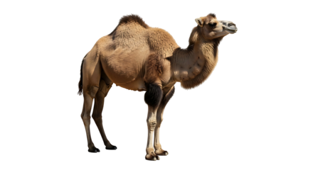 Bactrian camel standing tall on a white background.