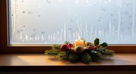 First Sunday of Advent celebration featuring a single glowing candle on a traditional wreath placed by a frosty winter window