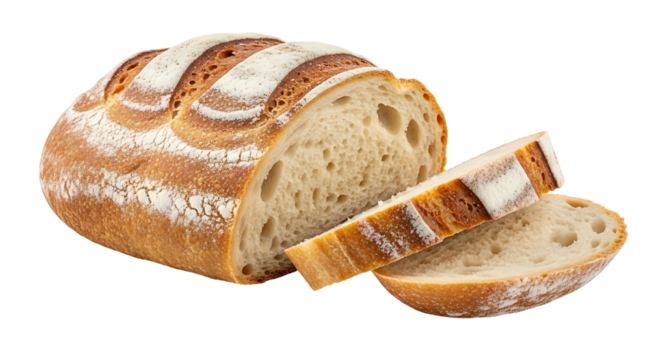 Artisanal crusty loaf of bread with slices isolated on white background.
