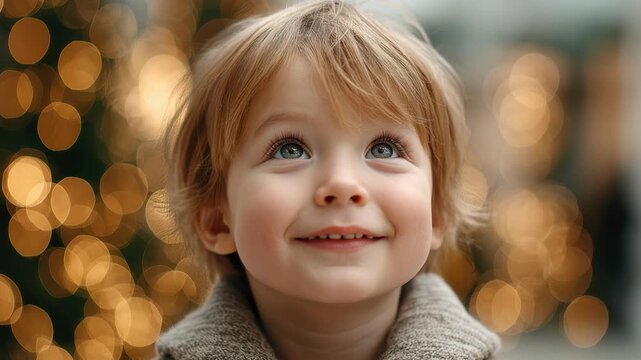 A close-up shot of an adorable young child with blonde hair and captivating blue eyes, initially looking upwards with an expression of wonder and then breaking into a sweet, innocent smile. The backgr