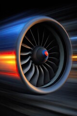 Close-up jet engine in motion.  Blurred streaks of light highlight the fast-spinning turbine