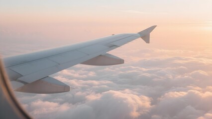 Obraz premium Airplane wing view above clouds at sunset ideal for travel themes
