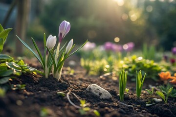 Budding flowers emerging from soil in a sunlit garden