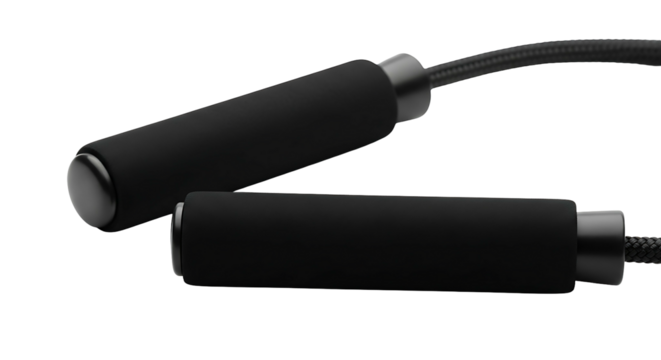 Black foam handles of a skipping rope for fitness training isolated on a white background.