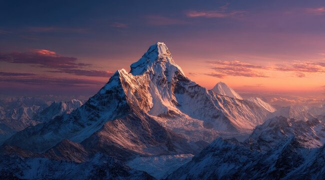 Majestic snow-capped mountain peak at sunset.  Vast, rugged mountain range