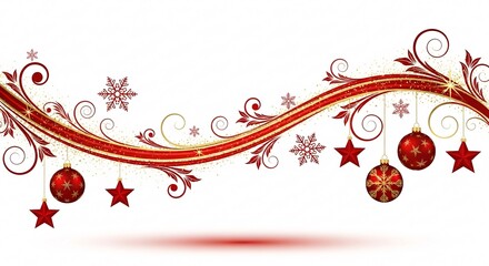A decorative holiday design featuring hanging red Christmas ornaments, stars, and ornate golden swirls on an isolated white background