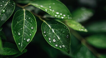 Close-up of vibrant green leaves, glistening with water droplets