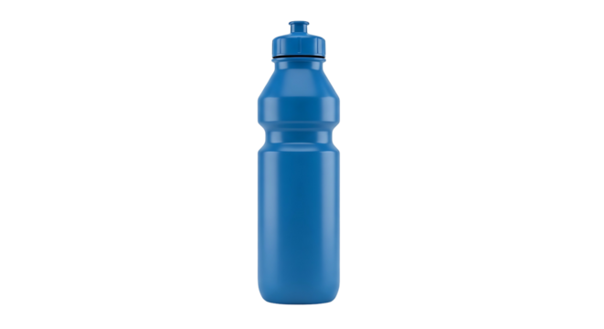 Blue plastic water bottle for sports and hydration.