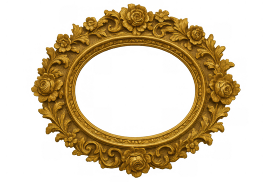 Ornate gold oval frame with intricate floral carvings, vintage antique design, transparent background for elegant use