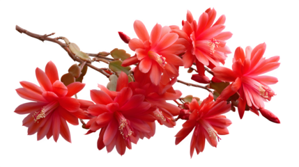 Vibrant red epiphyllum blooms cascade from a branch against a stark black backdrop creating a striking floral arrangement for botanical designs