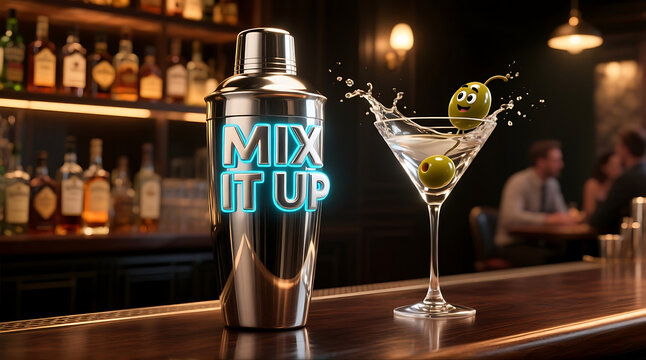 Mix it up with cocktail shaker and martini glass with olive splash