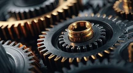 Close-up of intricate gears, dark gray and gold