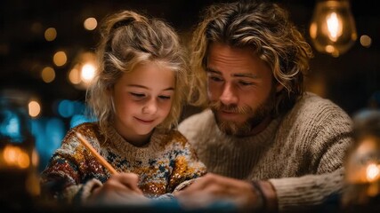 Heartwarming moment father helps daughter with homework in cozy, inviting lighting, perfect for family blogs and educational content about bonding - Powered by Adobe