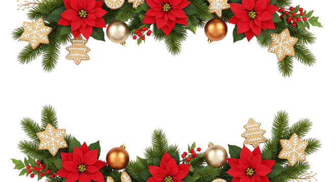 Christmas Garland Decoration with Poinsettias and Ornaments.