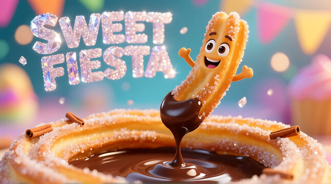 Cheerful churro character enjoying a sweet fiesta with chocolate dip delight