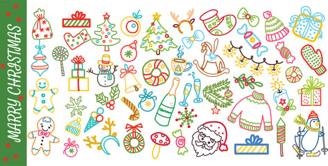 Colorful hand drawn Christmas doodle set with festive icons, gifts, snowman, tree, and Santa. Perfect for holiday greeting cards, Christmas winter design, wrapping paper, and cozy seasonal decoration.