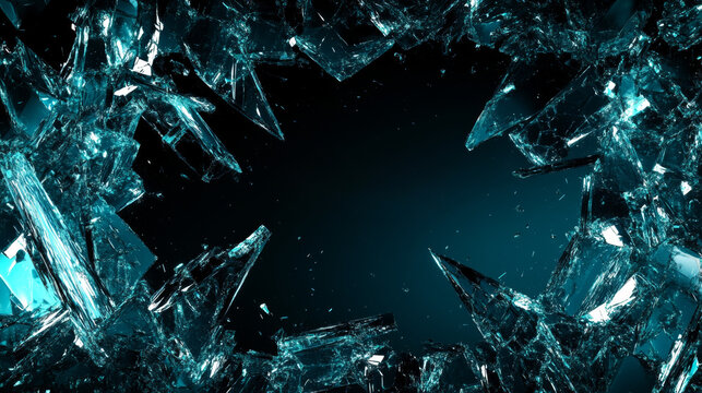 Frame of Shattered Blue Glass on a Dark Background