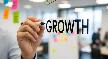 Professional hand writing the word GROWTH on a transparent glass board in office