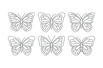 Six outline drawings of butterflies arranged in two rows