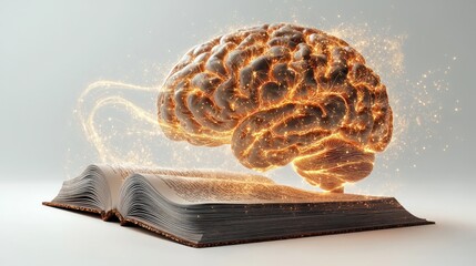 Knowledge Ignite: A glowing brain, ablaze with intellect, emerges from the pages of an open book, symbolizing the power of knowledge and learning.