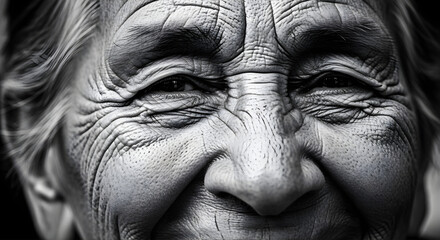 Extreme close up black and white portrait of smiling elderly woman