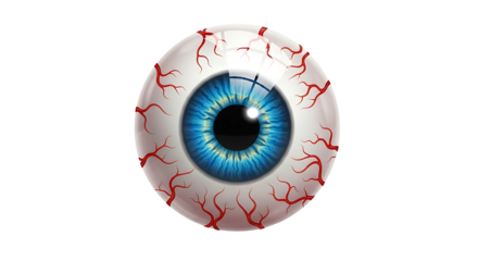 Close up of a realistic human eyeball with blue iris and red veins on white background.