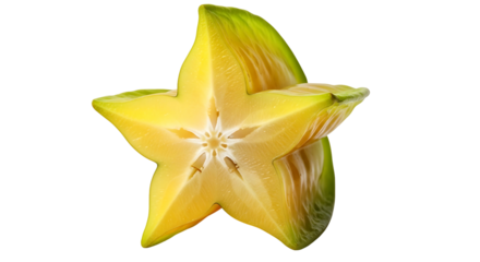 Close up of a vibrant yellow star fruit slice on a clean white background.