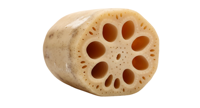 Close up of a lotus root slice showing its unique structure.