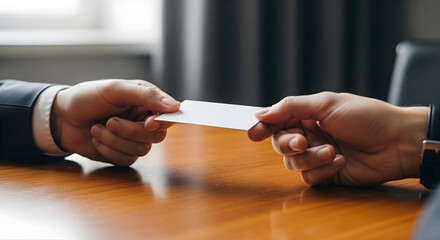 Two business people exchanging a blank business card across a wooden desk