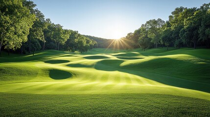 Obraz premium Green Horizon: A lush golf course in the morning sun, capturing the serene atmosphere, evoking a sense of tranquility.